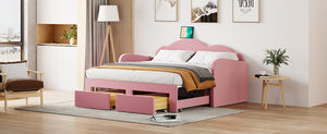 English Elm Twin Upholstered Daybed with Cloud Backrest, Trundle & 2 Storage Drawers, USB Ports, Space-Saving Design Pink SF000070AAH