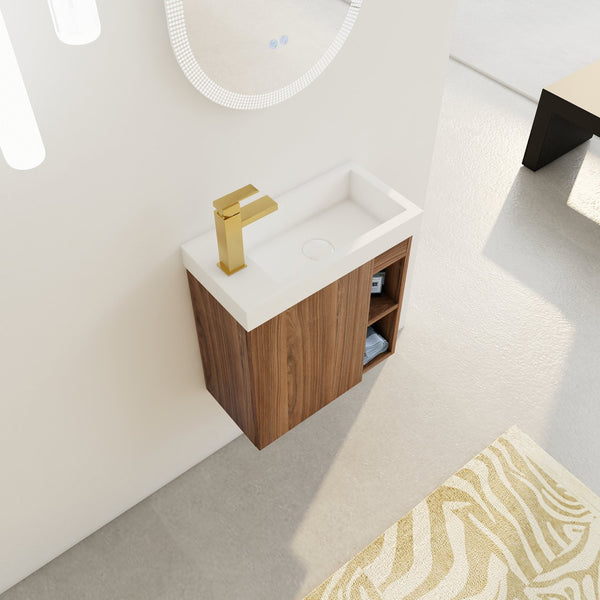 English Elm 20'' Floating Wall-Mounted Vanity with Resin Sink, Soft-Close Door & Open Shelves for Compact Baths Walnut W999P143199