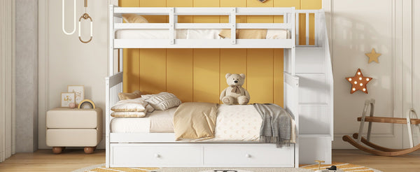 English Elm Stairway Twin Over Full Bunk Bed with Trundle Stair Storage and Guard Rail White LT000119AAK-1