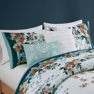 English Elm King/Cal King Floral Cotton Comforter Set 5-Piece Shabby Chic Teal Garden Stripes with Pillows B035128864
