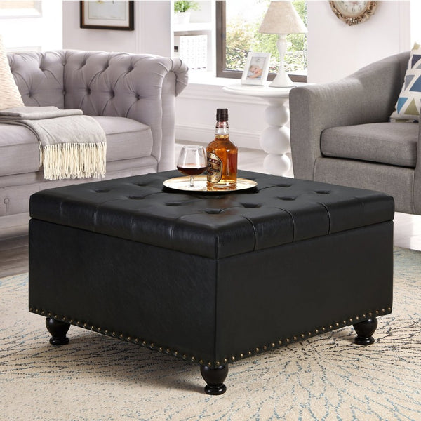 English Elm Large Tufted Faux Leather Storage Ottoman with Brass Nail Trim and Spindle Legs W2186142958