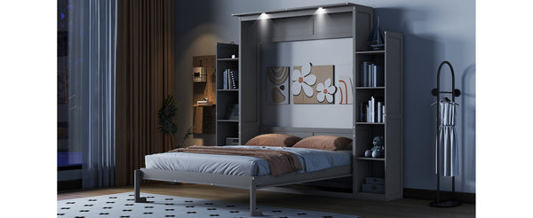 English Elm Queen Murphy Wall Bed with Side Shelving and Led Strip Light for Studio Spaces LP000695AAE-1