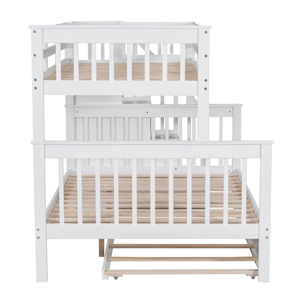 English Elm Stairway Twin Over Full Bunk Bed with Trundle Stair Storage and Guard Rail White LT000119AAK-1