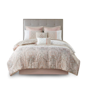 English Elm King Shawnee 8-Piece Comforter Set — Blush Taupe Damask Microfiber, Diamond Quilting, Hypoallergenic Finish B03594925