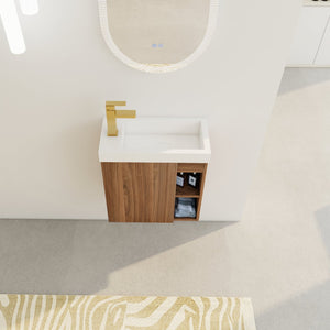 English Elm 20'' Floating Wall-Mounted Vanity with Resin Sink, Soft-Close Door & Open Shelves for Compact Baths Walnut W999P143199