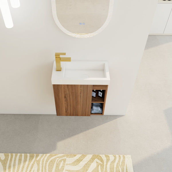 English Elm 20'' Floating Wall-Mounted Vanity with Resin Sink, Soft-Close Door & Open Shelves for Compact Baths Walnut W999P143199