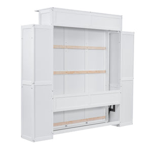 English Elm Queen Murphy Wall Bed with Led Lighting and Dual Storage Cabinets for Guest Rooms LP000695AAK-1
