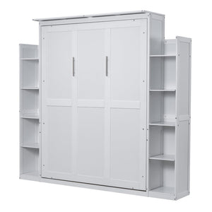English Elm Queen Murphy Wall Bed with Side Shelving and Led Strip Light for Studio Spaces LP000695AAK