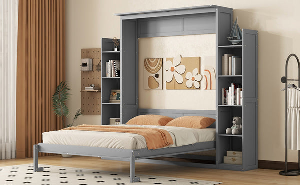 English Elm Queen Murphy Wall Bed with Side Shelving and Led Strip Light for Studio Spaces LP000695AAE-1