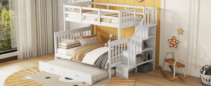 English Elm Stairway Twin Over Full Bunk Bed with Trundle Stair Storage and Guard Rail White LT000119AAK-1