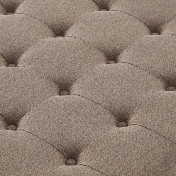 English Elm Large Tufted Faux Leather Storage Ottoman with Brass Nail Trim and Spindle Legs Linen W2186142956