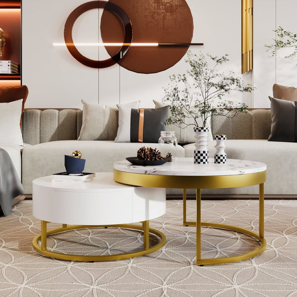 English Elm Modern White Lacquer Round Nesting Tables Gold Pedestal Base Glam Living Room Set N735P386429K