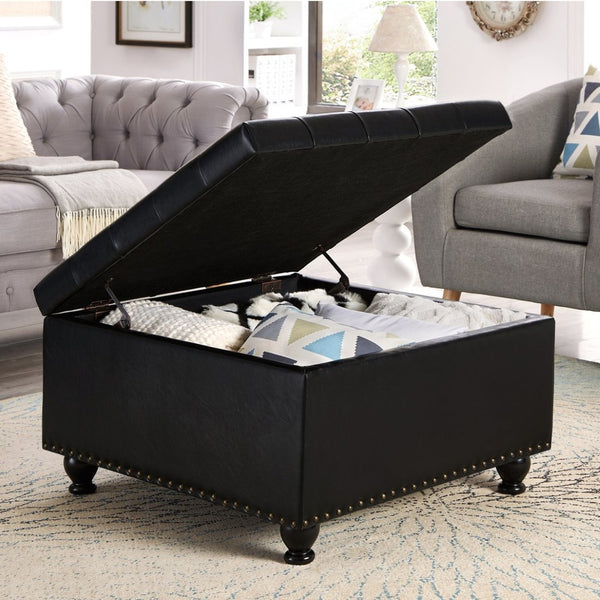 English Elm Large Tufted Faux Leather Storage Ottoman with Brass Nail Trim and Spindle Legs W2186142958