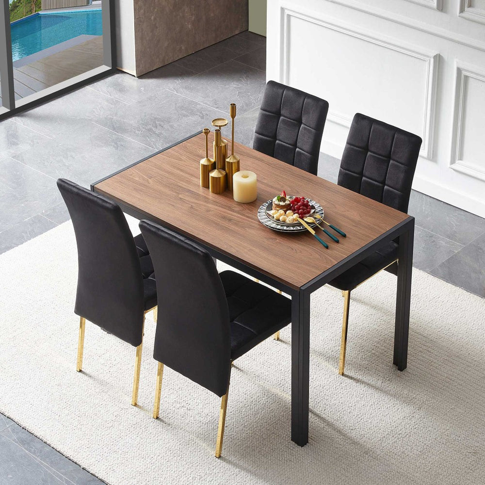 English Elm 5-piece Mid-century Dining Set with Velvet Tufted Chairs and Dark Mdf Table Black W1164S00012