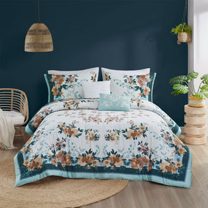 English Elm Full/Queen Cotton Floral Comforter Set with Pleated Embroidered Throw Pillows, Teal Garden Chic Bedding B035128865
