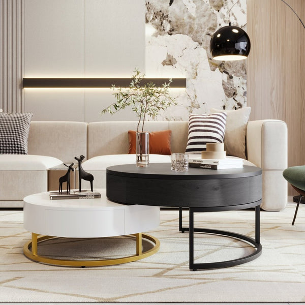 English Elm Modern Round Nesting Coffee Table Set with Lift Top Hydraulic Storage and Gold Pedestal CH307475AAB