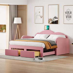 English Elm Twin Upholstered Daybed with Cloud Backrest, Trundle & 2 Storage Drawers, USB Ports, Space-Saving Design Pink SF000070AAH