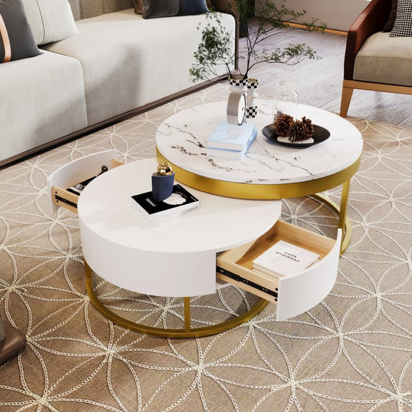 English Elm Modern White Lacquer Round Nesting Tables Gold Pedestal Base Glam Living Room Set N735P386429K