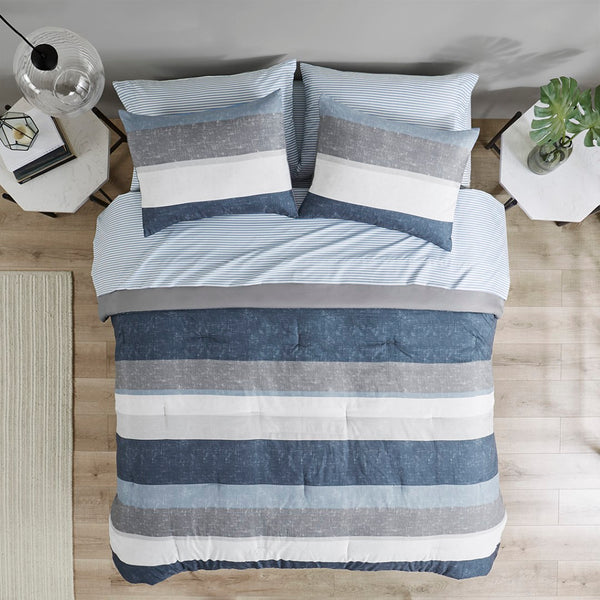 English Elm Stripe Comforter Set With Sheets In Blue And Grey – Full Size, Soft Microfiber, Stylish Stripes B03599093-GIGA