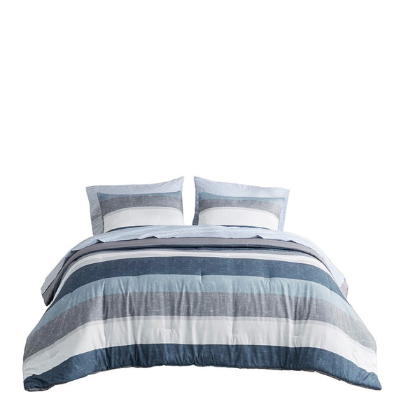 English Elm Stripe Comforter Set With Sheets In Blue And Grey - King Size, Antimicrobial, Oeko-Tex Certified B03599095-GIGA