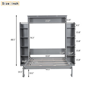 English Elm Queen Murphy Wall Bed with Side Shelving and Led Strip Light for Studio Spaces LP000695AAE-1