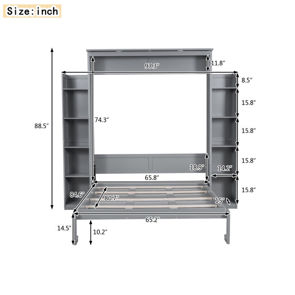 English Elm Queen Murphy Wall Bed with Side Shelving and Led Strip Light for Studio Spaces LP000695AAE-1