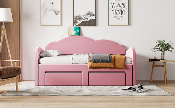 English Elm Twin Upholstered Daybed with Cloud Backrest, Trundle & 2 Storage Drawers, USB Ports, Space-Saving Design Pink SF000070AAH