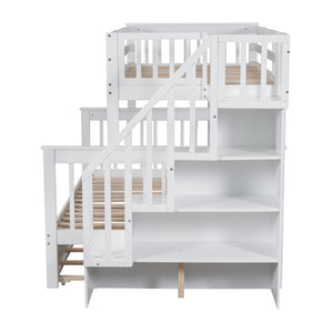 English Elm Stairway Twin Over Full Bunk Bed with Trundle Stair Storage and Guard Rail White LT000119AAK-1