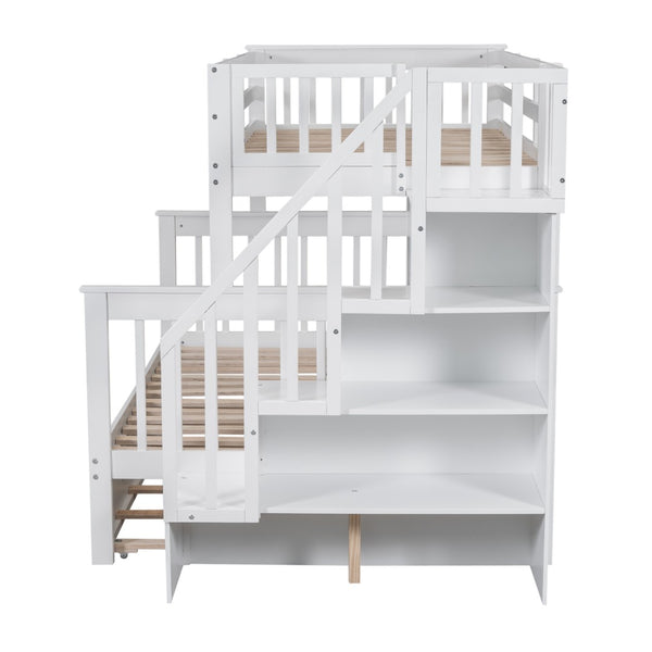 English Elm Stairway Twin Over Full Bunk Bed with Trundle Stair Storage and Guard Rail White LT000119AAK-1