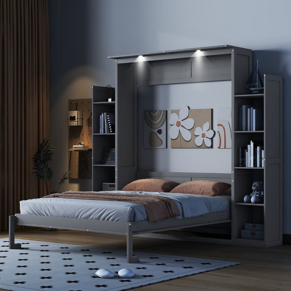 English Elm Queen Murphy Wall Bed with Side Shelving and Led Strip Light for Studio Spaces LP000695AAE-1