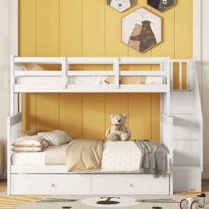 English Elm Stairway Twin Over Full Bunk Bed with Trundle Stair Storage and Guard Rail White LT000119AAK-1