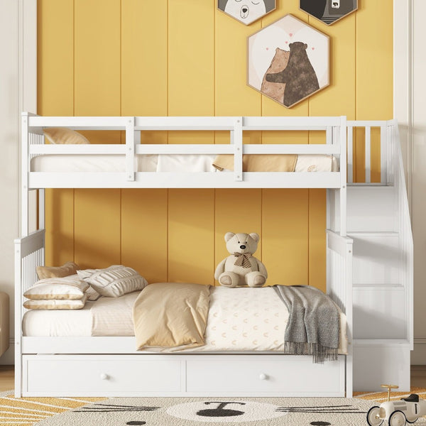 English Elm Stairway Twin Over Full Bunk Bed with Trundle Stair Storage and Guard Rail White LT000119AAK-1
