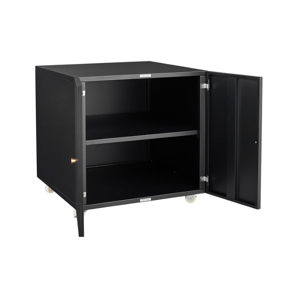 English Elm Black Powder Coated Steel Rolling Cabinet with Locking Wheels and Adjustable Interior Shelf W1247131617