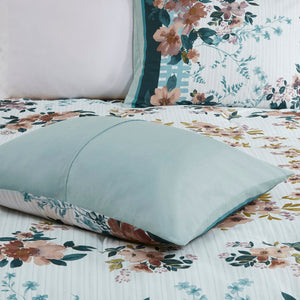 English Elm King/Cal King Floral Cotton Comforter Set 5-Piece Shabby Chic Teal Garden Stripes with Pillows B035128864