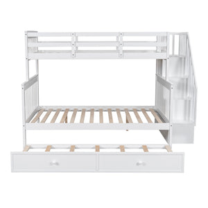 English Elm Stairway Twin Over Full Bunk Bed with Trundle Stair Storage and Guard Rail White LT000119AAK-1