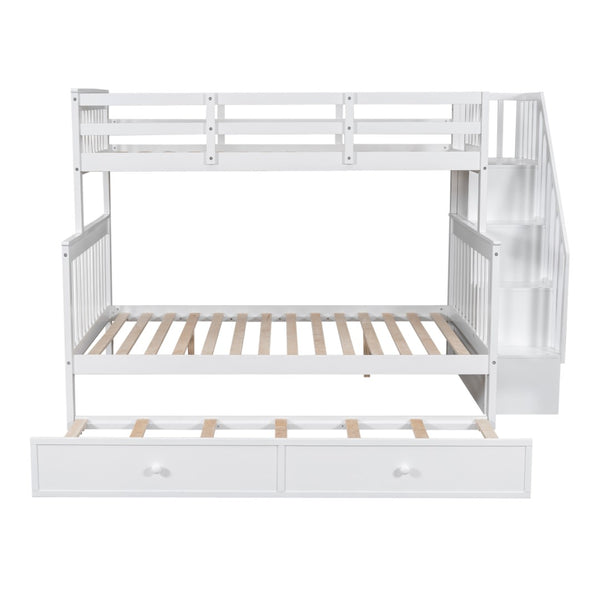 English Elm Stairway Twin Over Full Bunk Bed with Trundle Stair Storage and Guard Rail White LT000119AAK-1