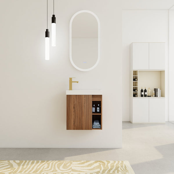 English Elm 20'' Floating Wall-Mounted Vanity with Resin Sink, Soft-Close Door & Open Shelves for Compact Baths Walnut W999P143199