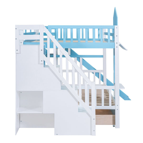 English Elm Full-over-full Castle Bunk Bed with Slide Drawers Shelves Pinewood Kids Frame LT000558AAC-2