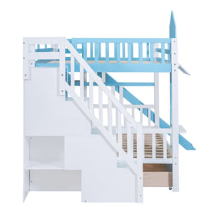 English Elm Full-over-full Castle Bunk Bed with Slide Drawers Shelves Pinewood Kids Frame LT000558AAC-1