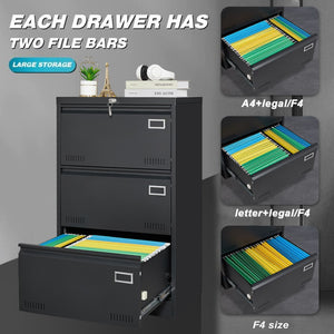 English Elm Filing Cabinet Three Drawer Lateral Metal with Lock Matte Black Home Office Storage W1247118742