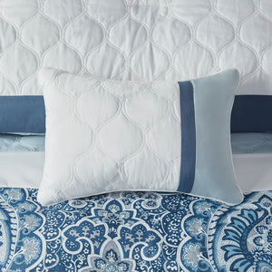 English Elm Cal King Shawnee 8-Piece Comforter Set - Navy Blue Damask Quilted Microfiber, Hypoallergenic Bedding Ensemble B03594936