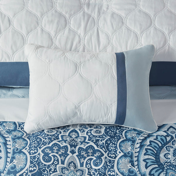 English Elm Queen Shawnee 8 Piece Comforter Set – Diamond Quilted Blue Damask Microfiber, Hypoallergenic Luxury B03594934