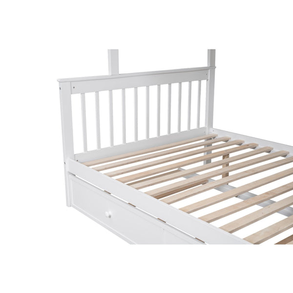 English Elm Stairway Twin Over Full Bunk Bed with Trundle Stair Storage and Guard Rail White LT000119AAK-1