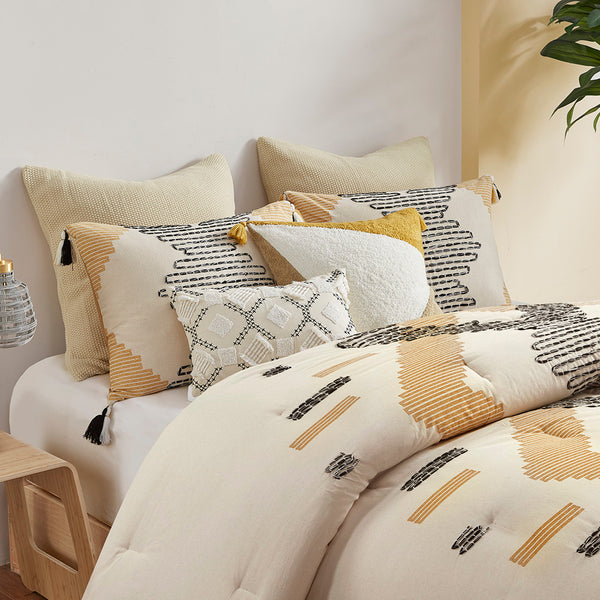 English Elm Full/Queen INK+IVY Arizona 3-Pc Cotton Comforter Set Yellow Grey Geometric with Tassels & Embroidery B035128783