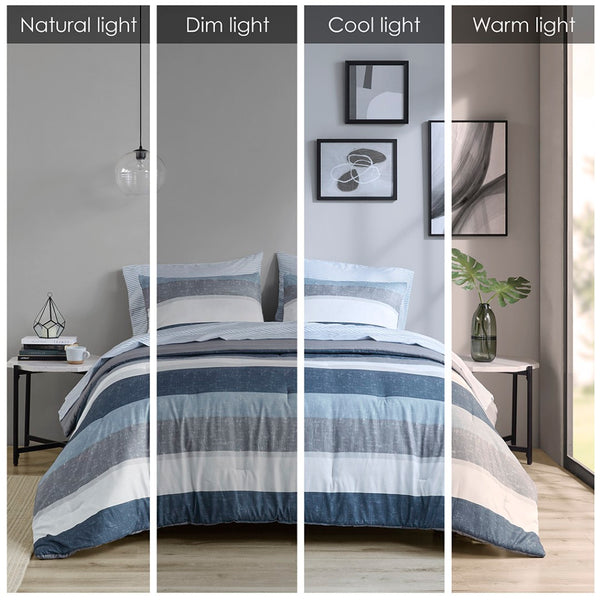 English Elm Stripe Comforter Set With Sheets - Modern Blue/Grey Cal King Bedding For A Stylish Bedroom Makeover B03599096-GIGA