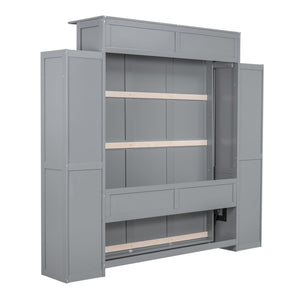 English Elm Queen Murphy Wall Bed with Side Shelving and Led Strip Light for Studio Spaces LP000695AAE-1