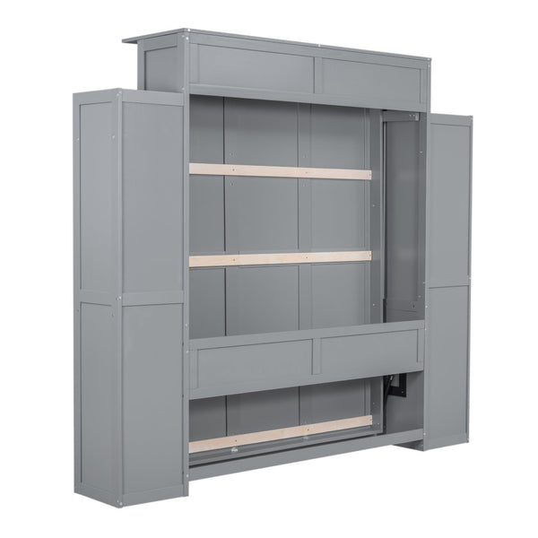 English Elm Queen Murphy Wall Bed with Side Shelving and Led Strip Light for Studio Spaces LP000695AAE-1