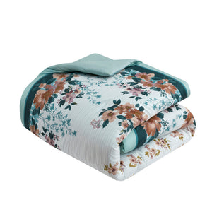 English Elm Full/Queen Cotton Floral Comforter Set with Pleated Embroidered Throw Pillows, Teal Garden Chic Bedding B035128865