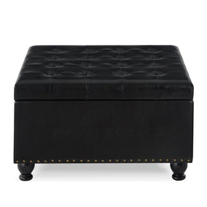 English Elm Large Tufted Faux Leather Storage Ottoman with Brass Nail Trim and Spindle Legs W2186142958