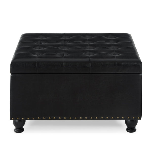 English Elm Large Tufted Faux Leather Storage Ottoman with Brass Nail Trim and Spindle Legs W2186142958
